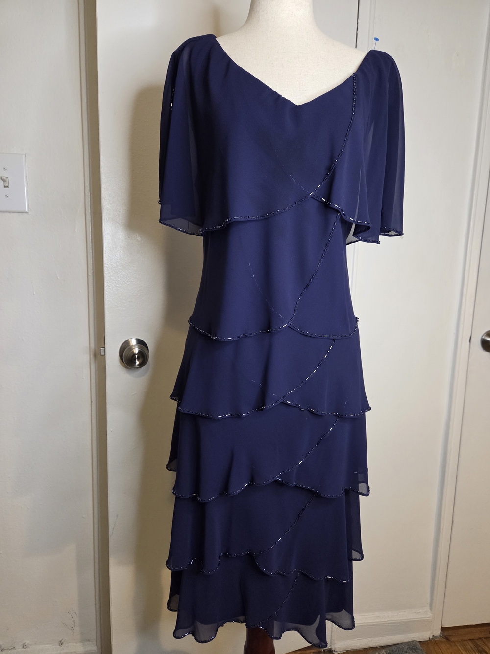 Patra Navy Beaded Tiered Chiffon Midi Dress